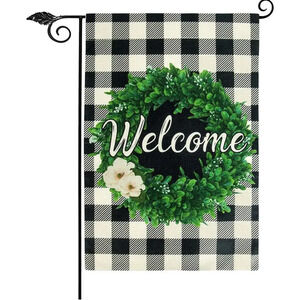 NEW Set Of 2 Unves Boxwood Wreath Winter Welcome Garden Flag Plaid 28"X40"